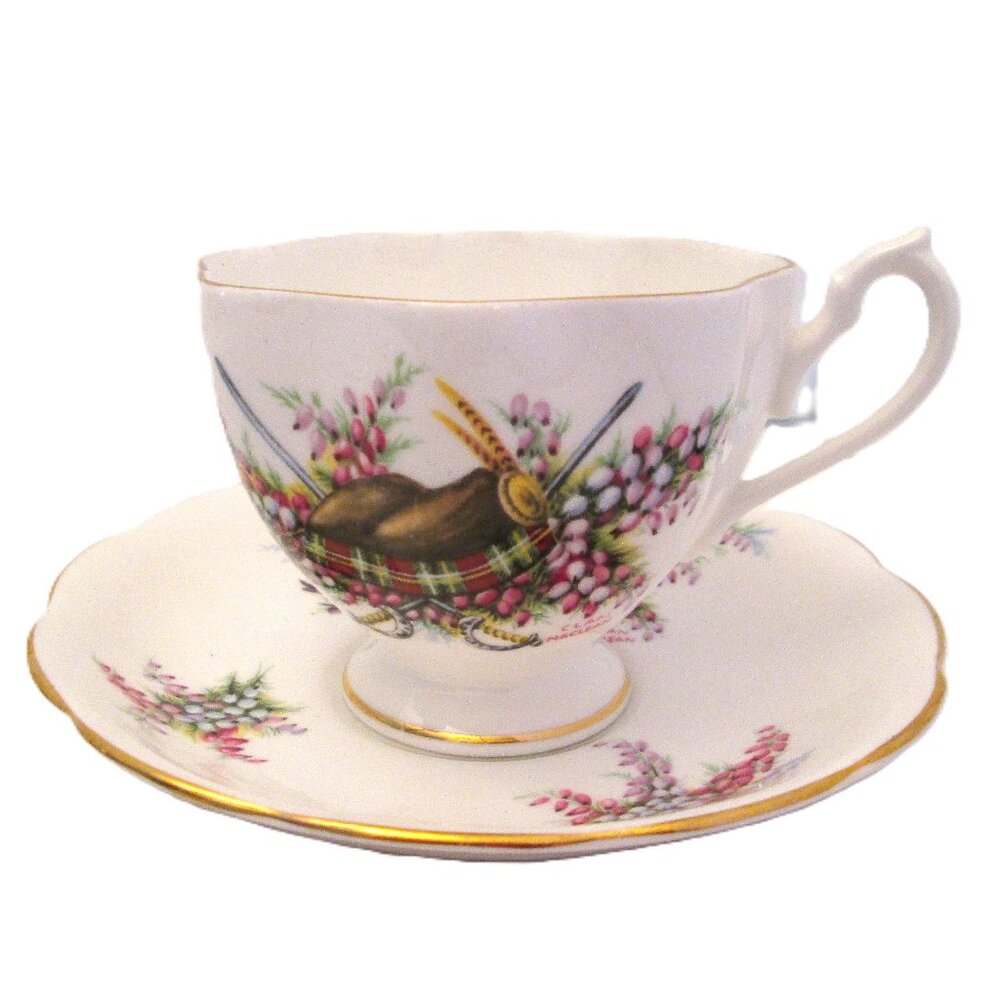 Vtg scottish china festive Queen Anne teacup & saucer of swords,plaid,victory,fl